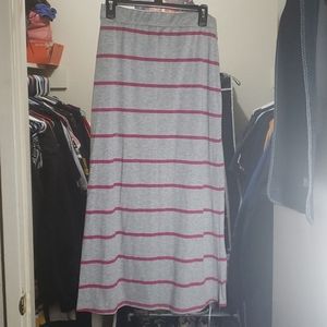 Long gray and pink striped skirt.